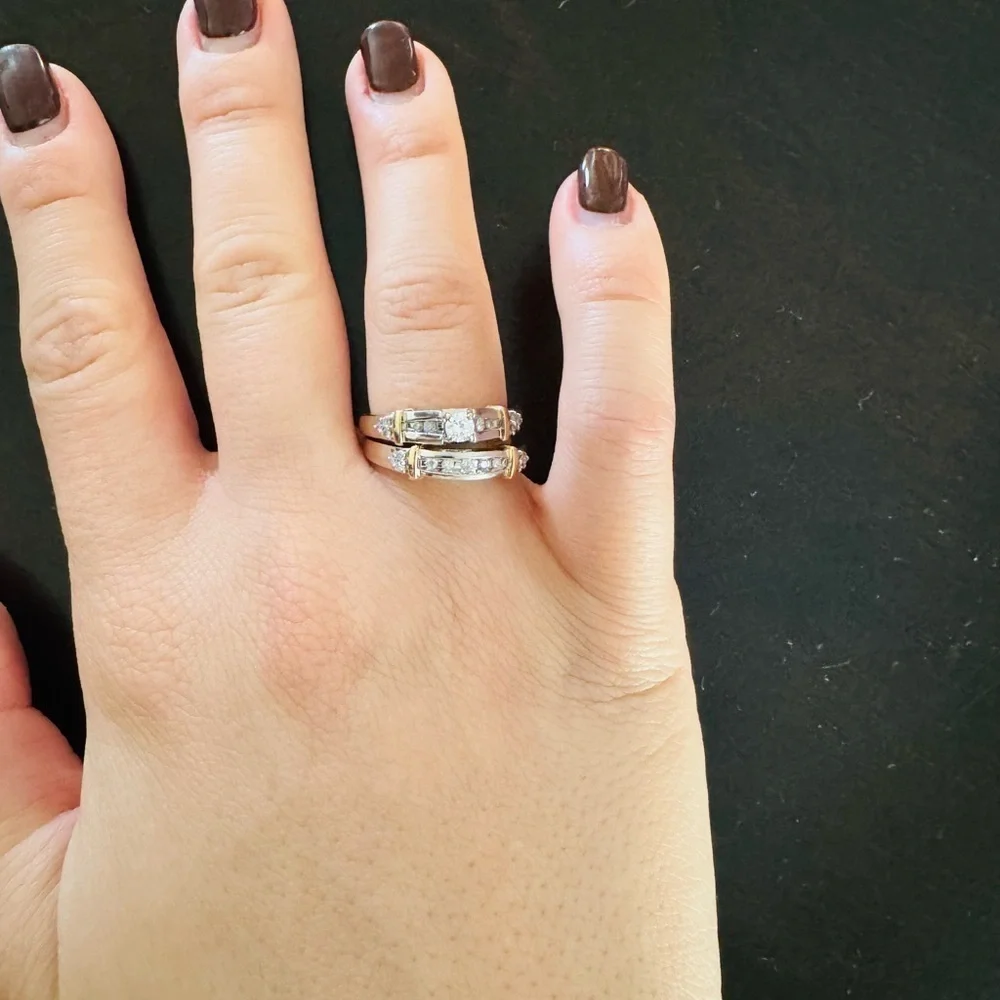 14K White and Yellow Gold Diamond Bridal Ring Set size 8.25